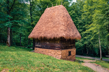 Fresh green view of traditional romanian peasant houses. Stunning rural scene of Transylvania,...