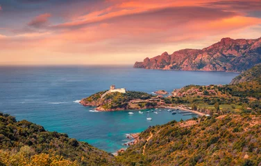 Fotobehang Colorful summer view of Port de Girolata - place, where you can't get by car. Impressive sunrise scene of Corsica island, France, Europe. Aerial Mediterranean seascape. Traveling concept background.. © Andrew Mayovskyy