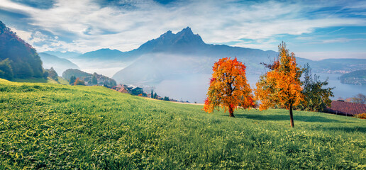 Panoramic morning view of outskirts of Stansstad town, Switzerland, Europe. Astonishing autumn scene of  Lucerne lake. Bright landscape of Swiss Alps. Traveling concept background.