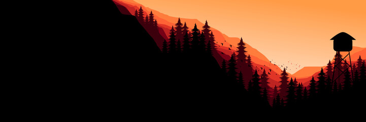 minimalist sunset mountain landscape with forest sillhouette vector illustration good for banner background, web background, apps background, tourism design template and adventure backdrop