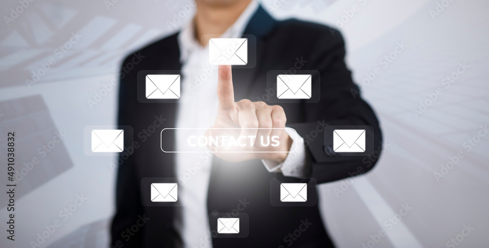 Poster e-mail and marketing concept. double exposure businessman touch email pressing for sending the e-mai