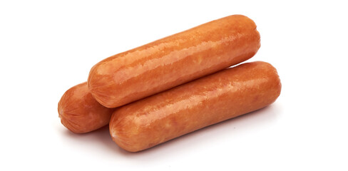 Boiled chicken sausages, isolated on white background.