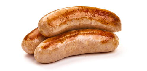 Grilled Sausages, close-up, isolated on white background.