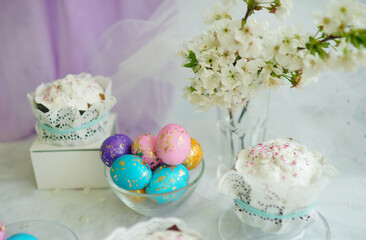 easter table setting. Easter eggs. Kulich. Christianity. Holidays 