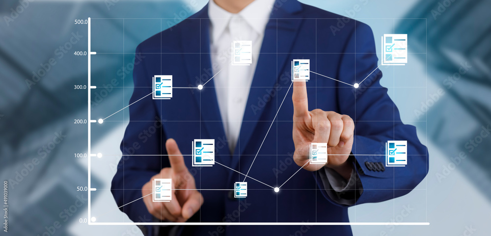 Poster businessman hand touch folder of document management system, online documentation database and proce