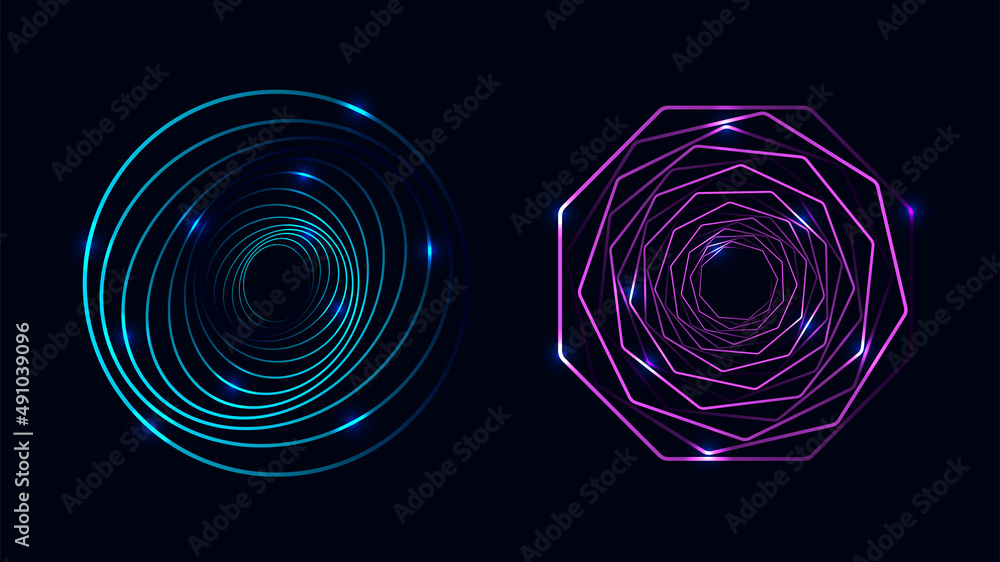 Poster set of twisted spirals. sacred geometry. tunnel with lines in the form of a circle and hexagons. vec