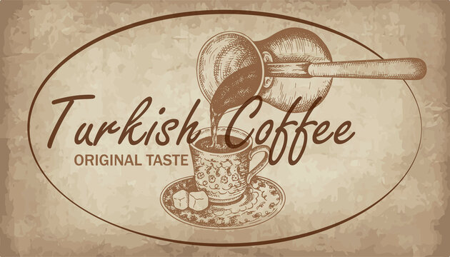 Sketch drawing logo of Turkish black coffee pouring from cezve into cup isolated on vintage background. Line art lokum. Oriental cafe label. Engraved traditional arabic hot drink. Vector illustration.