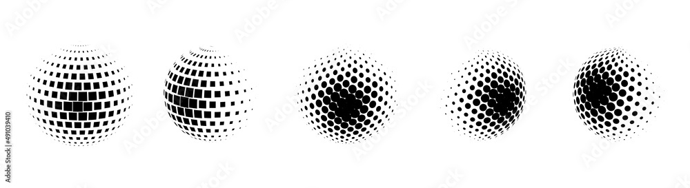 Poster set of vector halftone spheres. dotted circles with black and white gradient. pattern design element