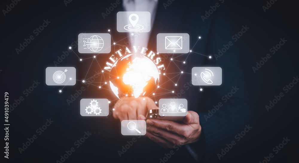 Poster metaverse with business concept, man using computer and touch virtual globe with financial icons fut