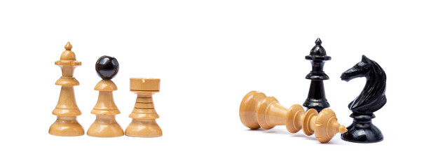 Old chess pieces isolated on white background