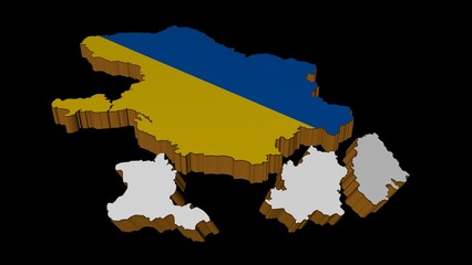 Obraz premium Yellow-blue isolated 3D image of Ukraine on a black background with torn sections. Map of the territory of Ukraine in the form of a national flag with divided territories in the form of a white templa