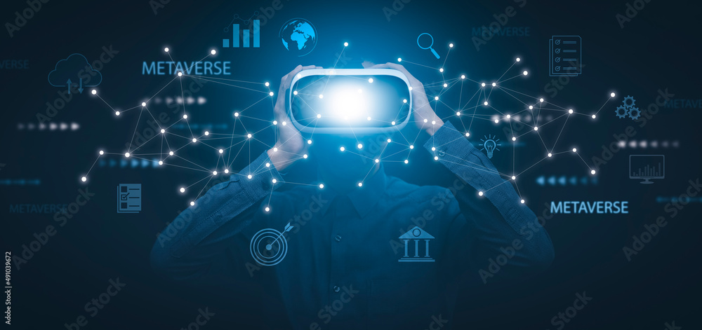Aufkleber metaverse with business concept, man using computer and touch virtual globe with financial icons fut