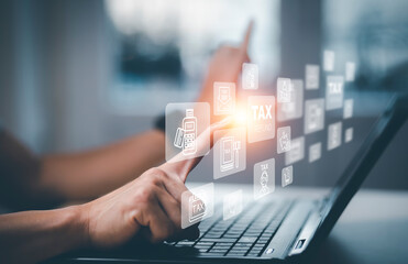 Man hand touchscreen on the graph Screen Icon of a media screen, Technology Process System Business with Communication and marketing concept, big data, HR Human, Business success