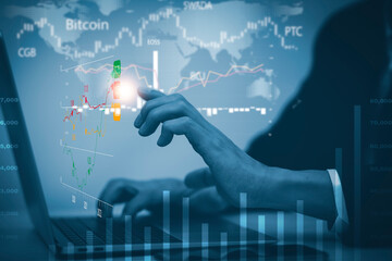 Business finance technology and investment concept. Stock Market Investments Funds and Digital Assets. Woman using laptop or computer and trading graph financial data. Business finance background.