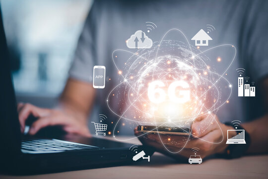 Global network connection 6G on hand business man.Global network connection 6G with icon concept, technology network wireless systems and internet of things, new technologies coming up in the future.