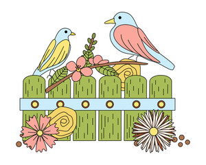 Spring Easter illustration, birds on a fence