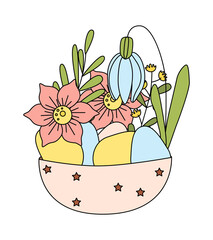 Spring Easter illustration, bowl of flowers and eggs