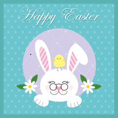 easter greeting card with bunny and little chicken