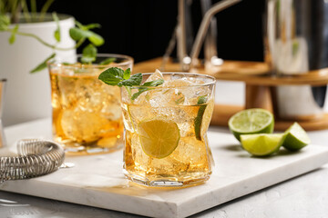 A glass with ice cubes, lime and refreshing orange beverage with mint on marble board, shaker and bartender equipment