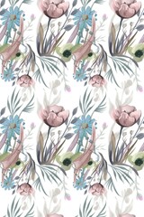 Seamless watercolor floral pattern - pink blue flowers bouquet and branches composition on white background for wrappers, wallpapers, postcards, greeting cards, wedding invitations, romantic events.
