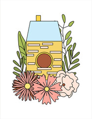 Spring Easter illustration, birdhouse with flowers composition