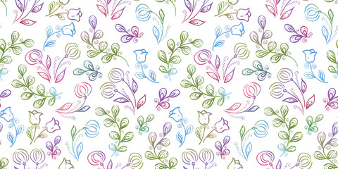 Spring Seamless Pattern. Floral elements in doodle style. White background. Watercolor tropical leaves. Tulip and dandelion Flowers. Wedding Patterns with leaf