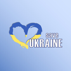 Vector banner with appeal for Save Ukraine. Patriotic sticker with flag of Ukraine in brushstroke heart in blue and yellow colors. No War concept. Illustration EPS 10