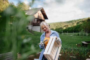 Senior woman with paintbrush impregnating wooden crate outdoors in garden. - Powered by Adobe