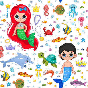 Seamless pattern with cute kids boy and girl with mermaid tails. Vector marine illustration with fishes, mermaids, turtle in a minimalistic flat style, hand drawn. Print for children.