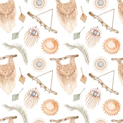 Poster Boho stijl Aquarel boho naadloze patroon met illustratie van home interieur elementen etnische muur opknoping decor van macrame, zomer hoed, tropische gedroogde palmbladeren, houten element geïsoleerd op witte achtergrond