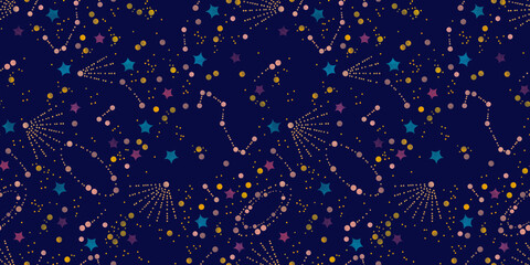 Magic cosmos starry sky. Watercolor hand drawn space seamless pattern with illustration of gold stars, comets, meteors, constellations. Universe childish elements isolated on dark background