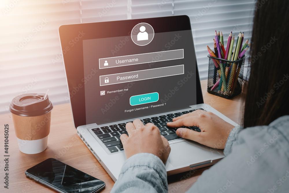 Poster person hand typing on keyboard with login and password on screen display, cyber security concept, da