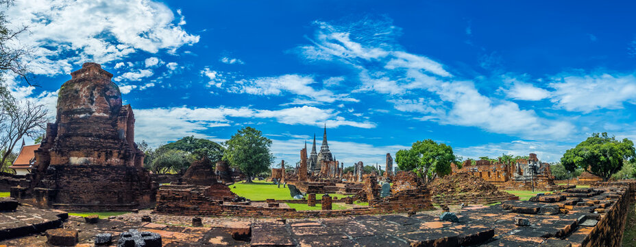 Panorama Landscape of Wat Phra Si Sanphet is in the Ayutthaya Historical Park. It is a place and important tourist attraction near Bangkok, Thailand.