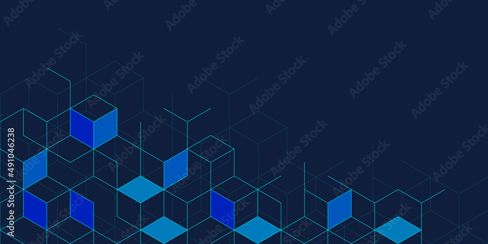 Poster Abstract geometric background with isometric digital blocks. Blockchain concept and modern technology