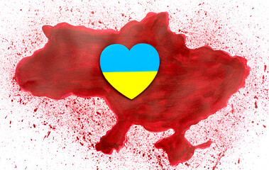 Heart in blue yellow colors flag of Ukraine on background of red bloody map. Concept of bloodshed....