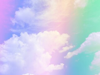 Plakat beauty sweet pastel yellow green colorful with fluffy clouds on sky. multi color rainbow image. abstract fantasy growing lights