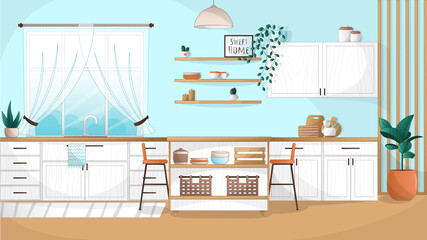 kitchen interior with windows and table, vector kitchen, kitchen interior, interior of a room with a window