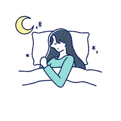 月　ベット　寝ている女性　イラスト　手描き	