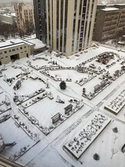 Aerial drone view. Ukraine Snowy winter.