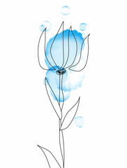 A flower drawn with a thin black line with blue watercolor in the background. For print, banners, decoration, vintage design for sketchbook, postcard, invitation.botanical art illustration