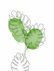 A flower drawn with a thin black line with green watercolor in the background. For print, banners, decoration, vintage design for sketchbook, greeting card, invitation. botanical art illustration