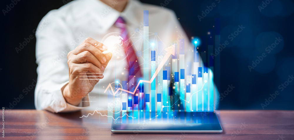 Aufkleber businessman points an arrow graph of growth and financial network connection, analyzing data to impr