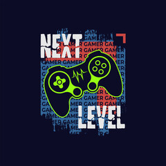 Vector joysticks gamepad illustration with slogan text, for t-shirt prints and other uses.
