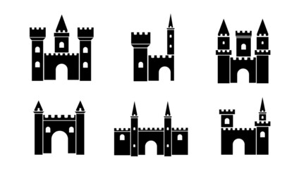 Set icons of different types of fairy medieval castles white background. Vector gothic palaces with towers or ancient citadel in cartoon style.