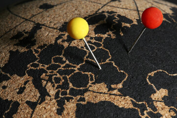 Europe map with Cartographic pins of Ukraine and Russia. Concept of military conflict and War...