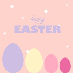 Minimalistic poster, happy Easter congratulations, isolated vector illustration with easter colorfull painted eggs and stars on pink background