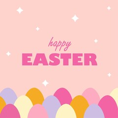 Minimalism happy Easter congratulations poster, isolated vector illustration with easter colorfull painted eggs and stars on pink background