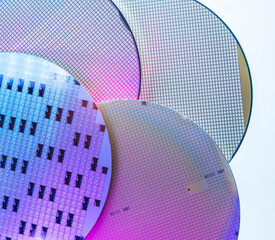 Macro of silicon wafer semiconductor with neon color, integrated circuits to manufacture CPU and GPU