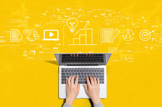 Content marketing concept with person using a laptop computer