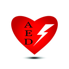 red heart icon There is a black AED message. and white lightning There is a shadow on the bottom concept symbolizing a lifesaving device.